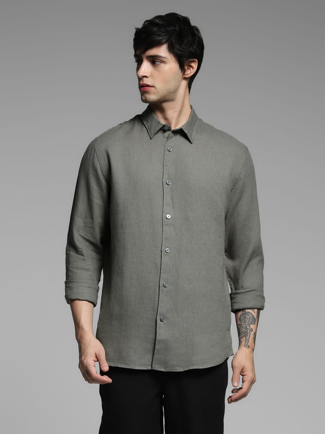 Green Linen Full Sleeves Shirt