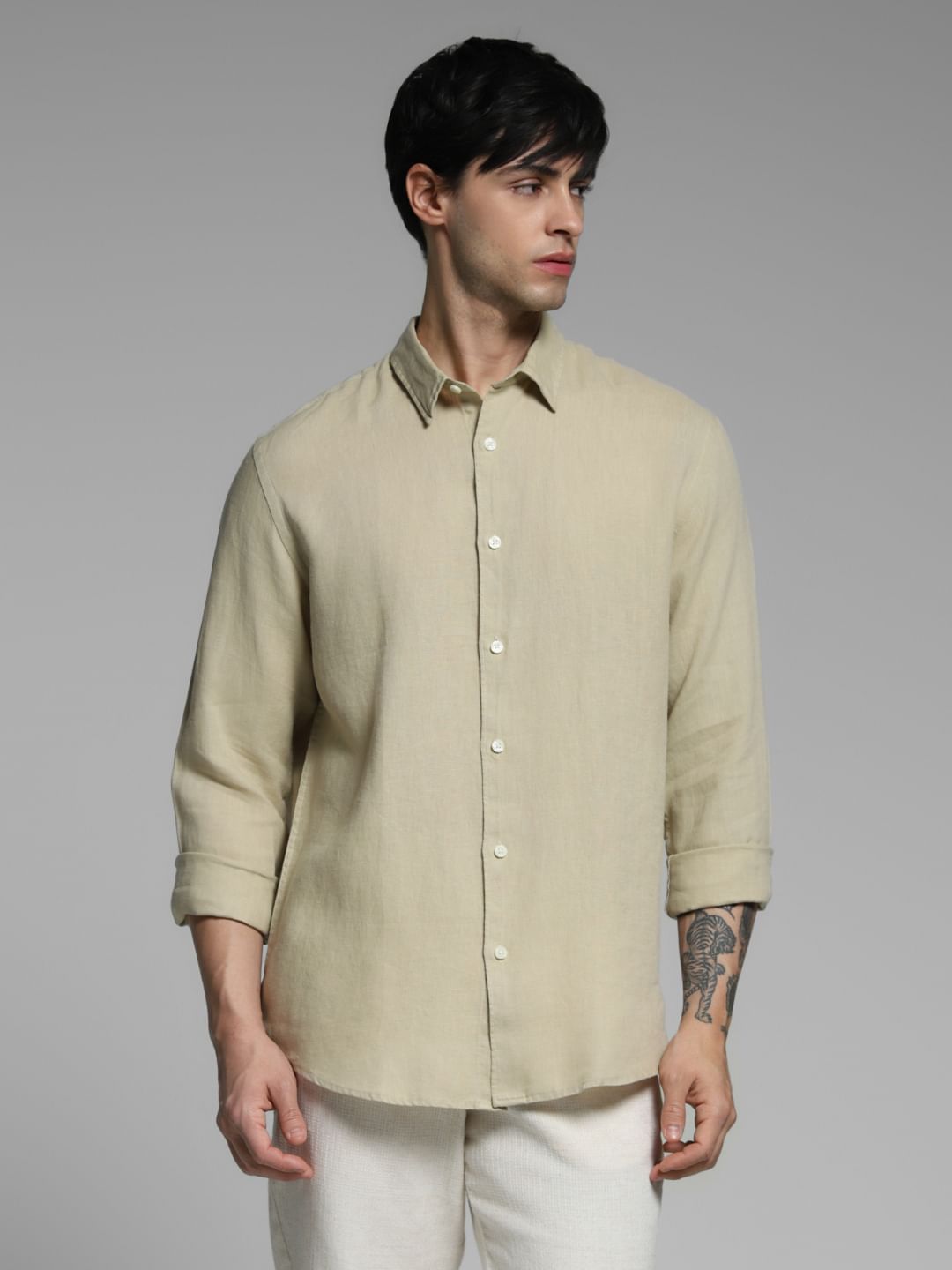 Beige Linen Full Sleeves Shirt