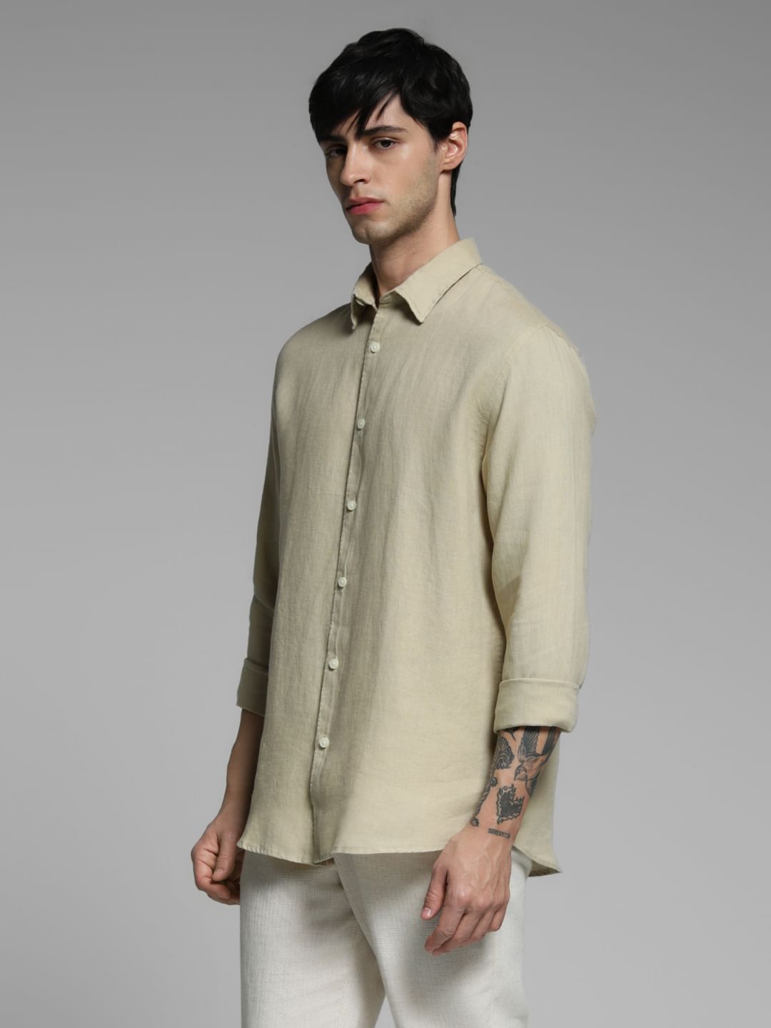 Beige Linen Full Sleeves Shirt