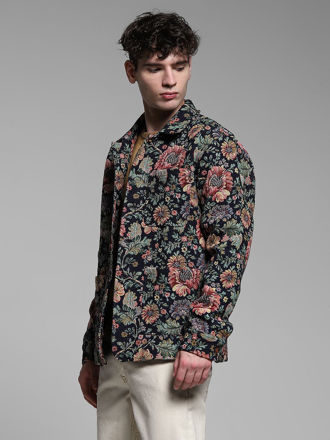 Brown Floral Jacquard Oversized Shirt