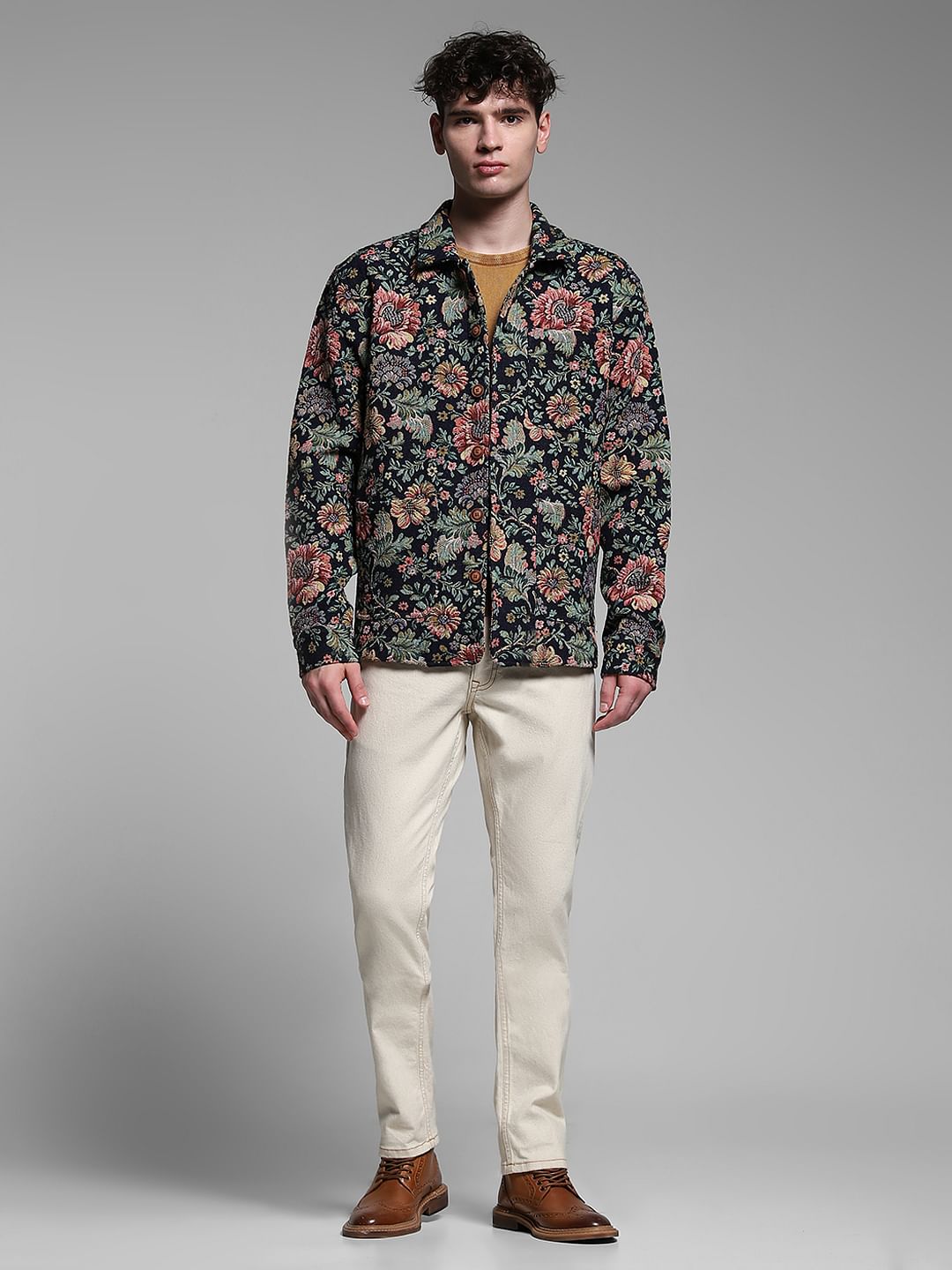 Brown Floral Jacquard Oversized Shirt