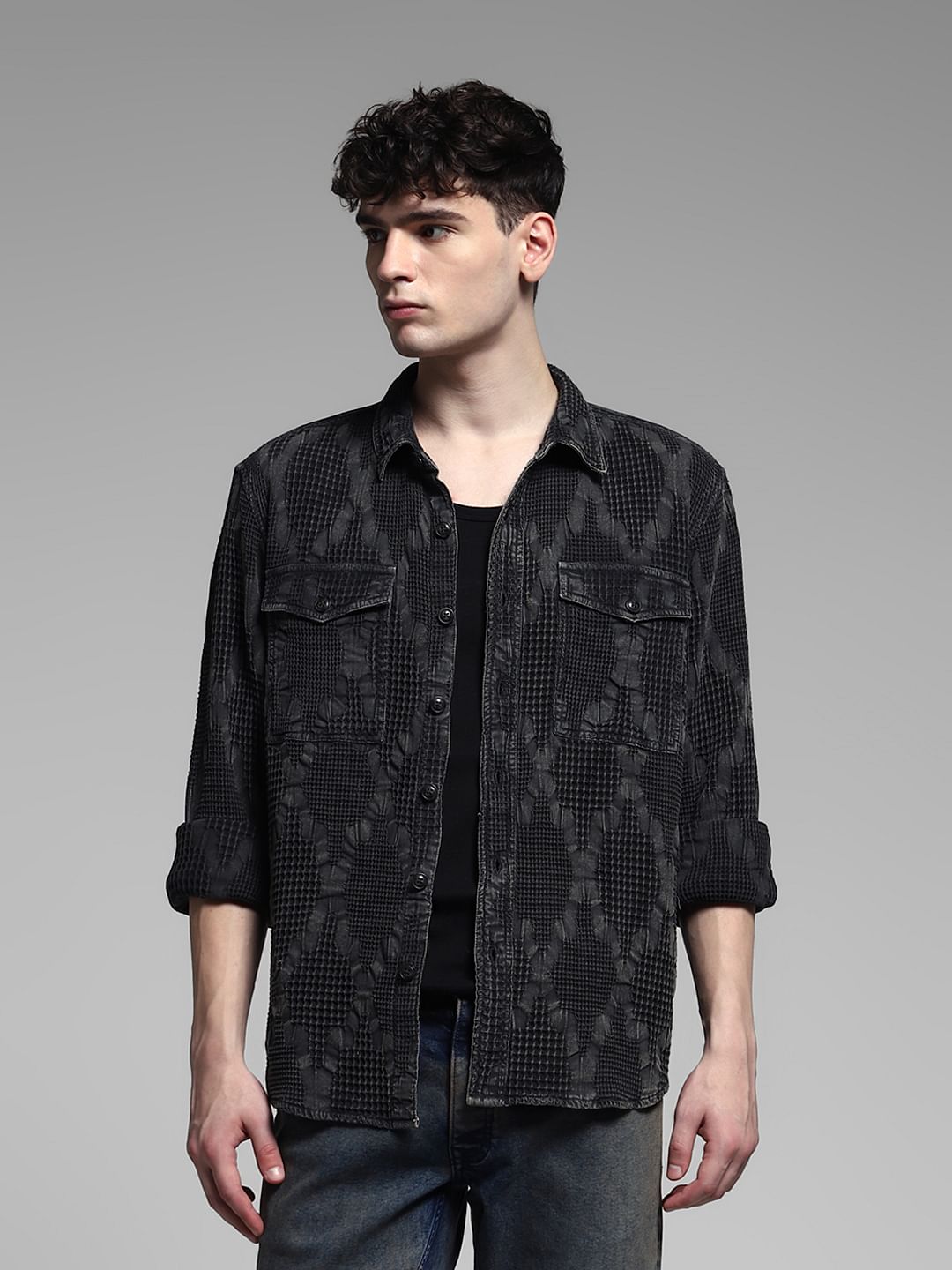 Black Dobby Cotton Oversized Shirt
