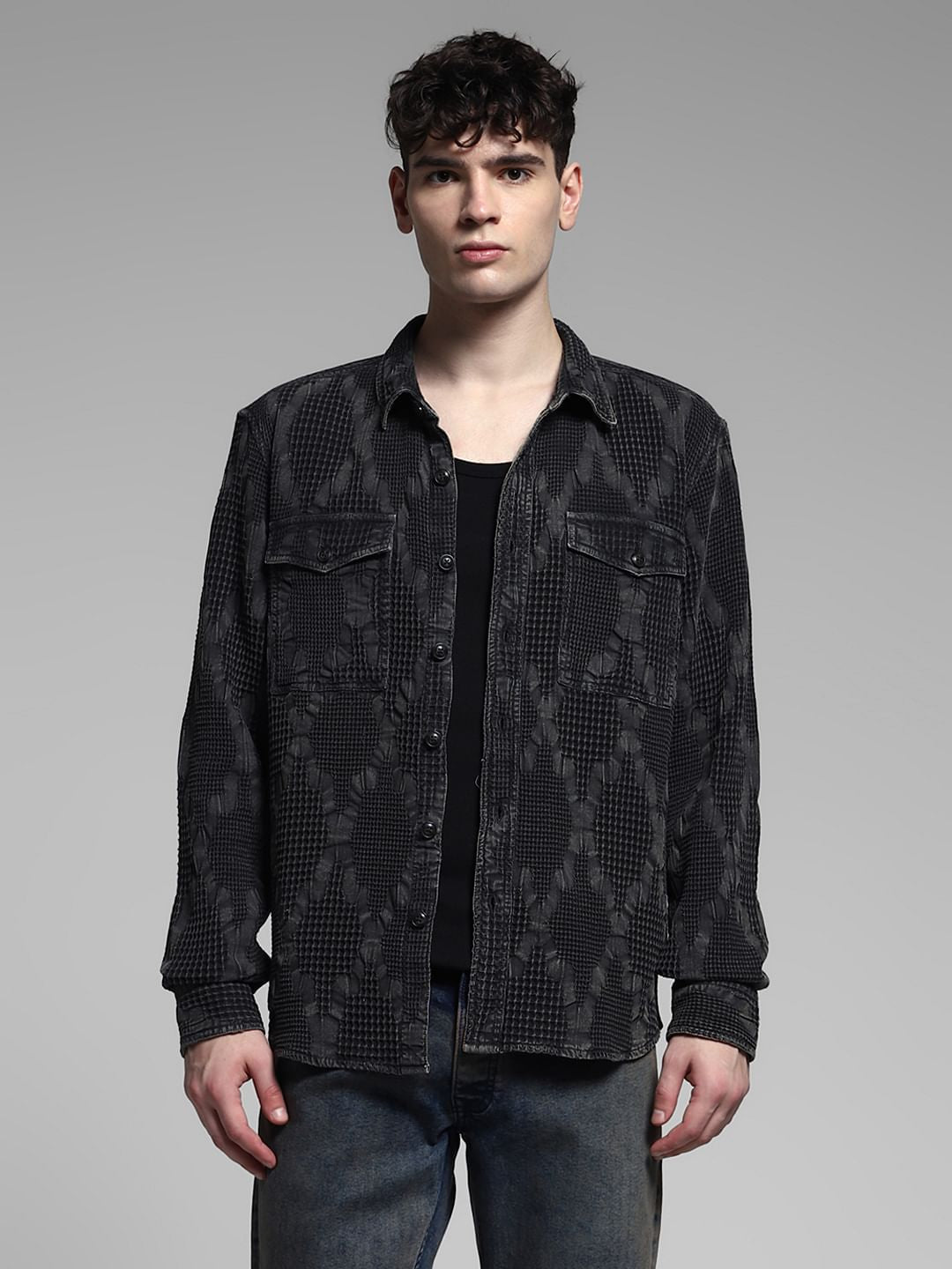 Black Dobby Cotton Oversized Shirt