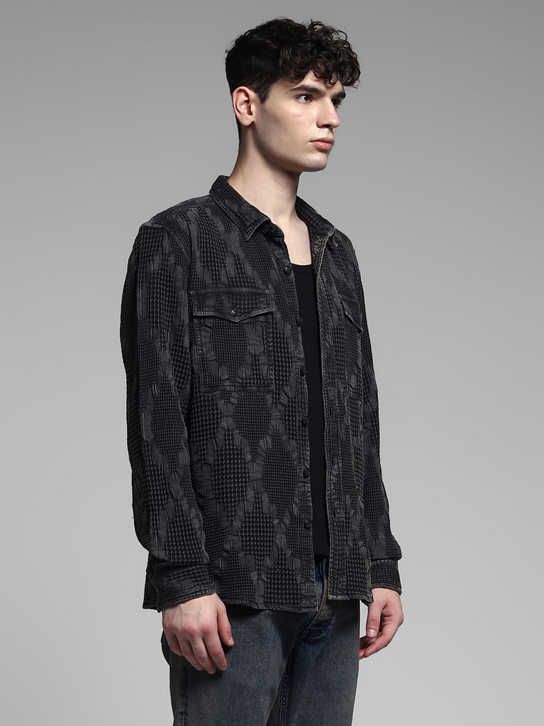 Black Dobby Cotton Oversized Shirt