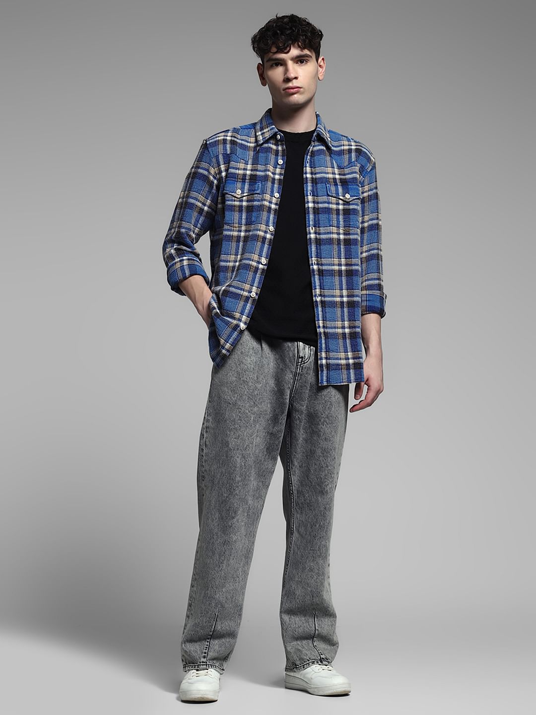 Blue Check Print Cotton Shirt