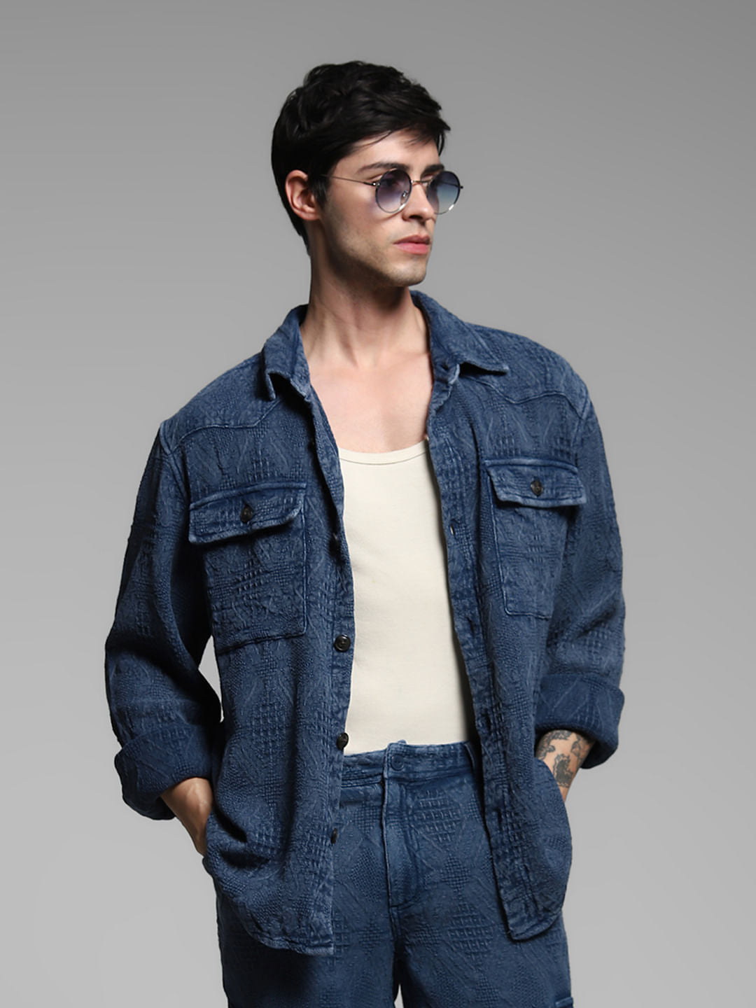 Dark Blue Jacquard Co-ord Set Overshirt