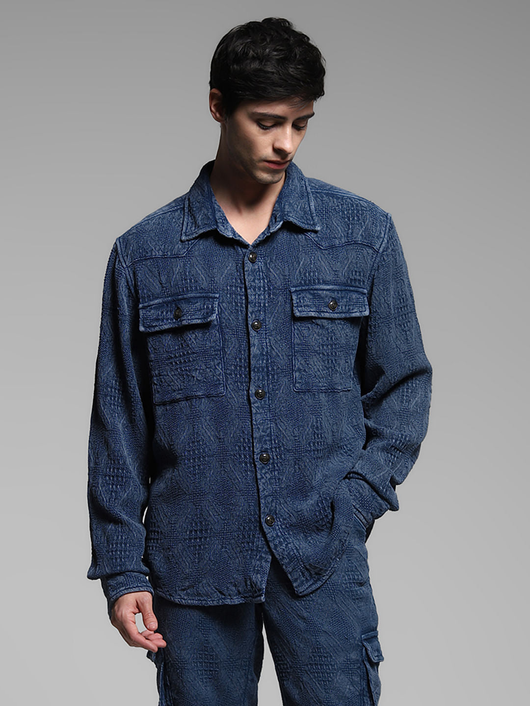 Dark Blue Jacquard Co-ord Set Overshirt