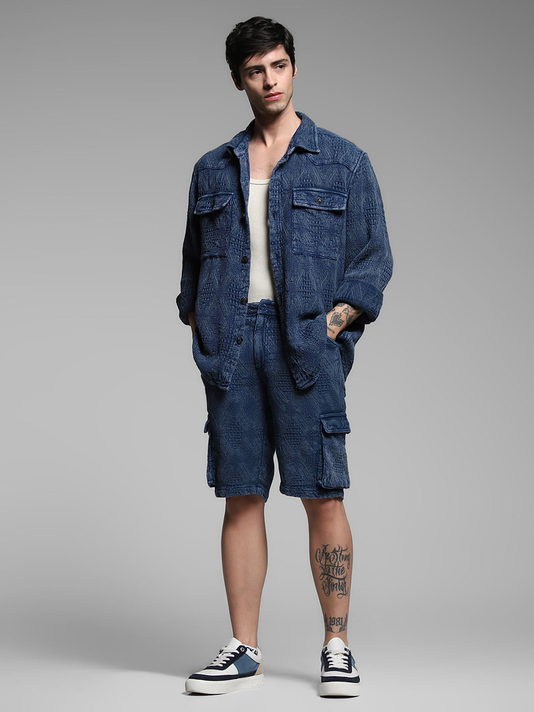 Dark Blue Jacquard Co-ord Set Overshirt