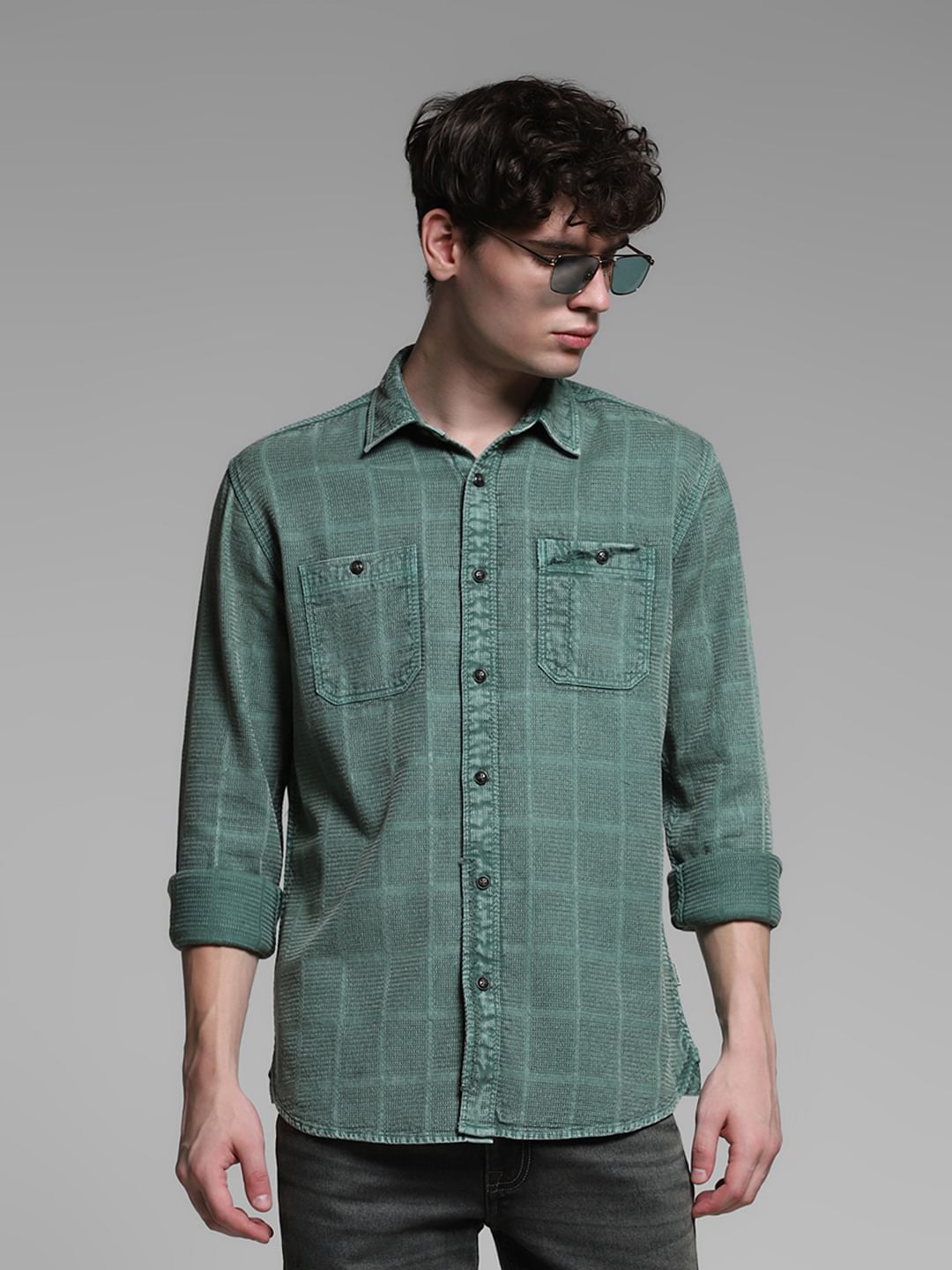 Green Dobby Check Cotton Shirt