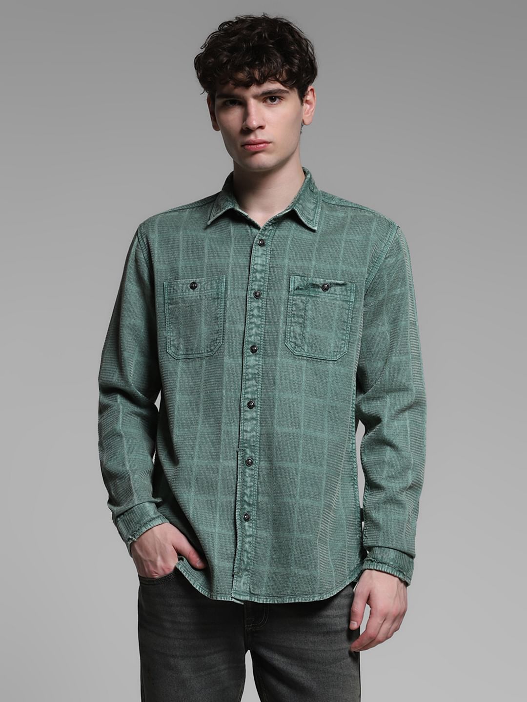 Green Dobby Check Cotton Shirt