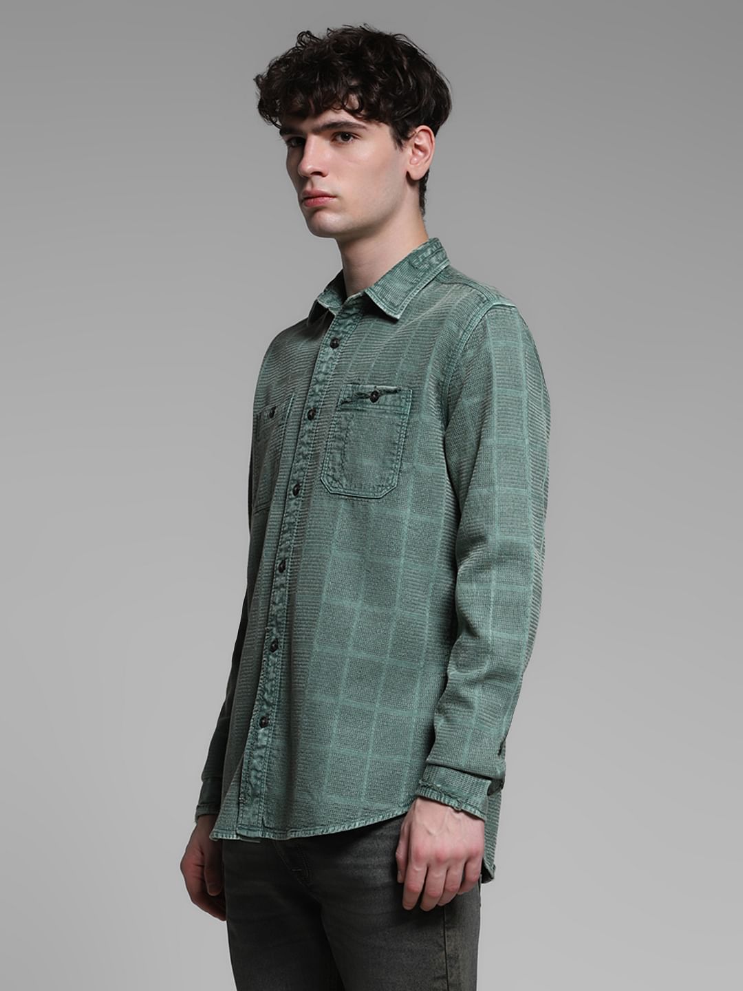 Green Dobby Check Cotton Shirt