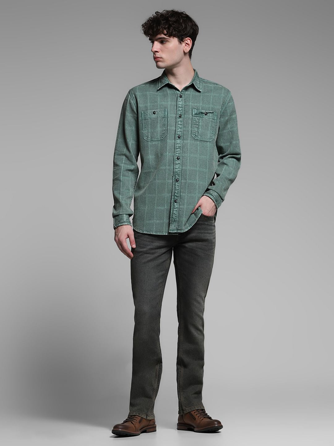 Green Dobby Check Cotton Shirt
