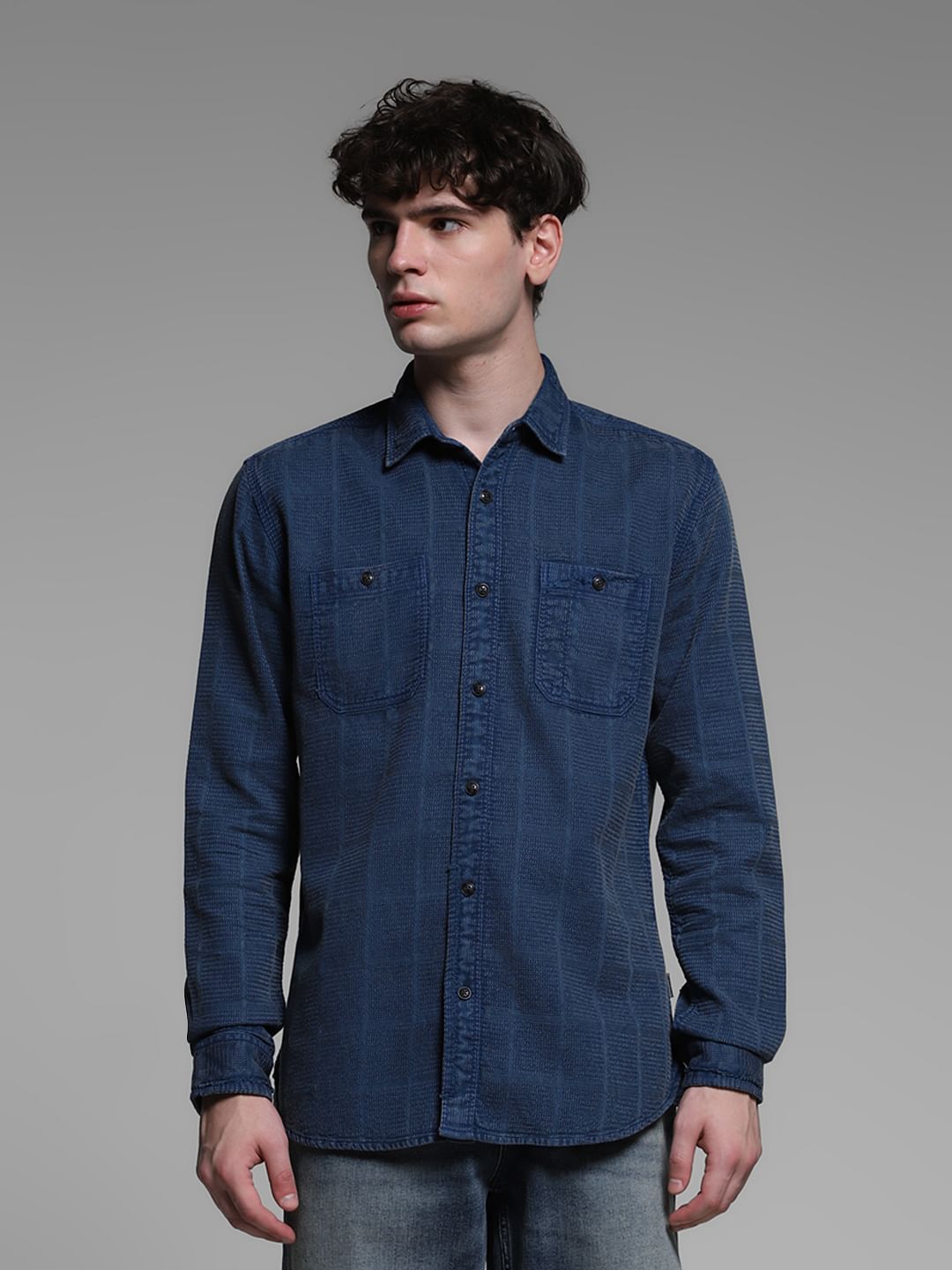 Dark Blue Dobby Check Cotton Shirt