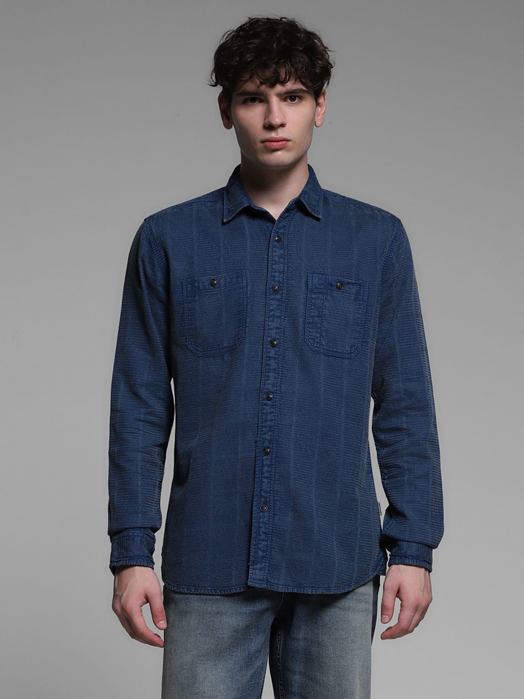 Dark Blue Dobby Check Cotton Shirt