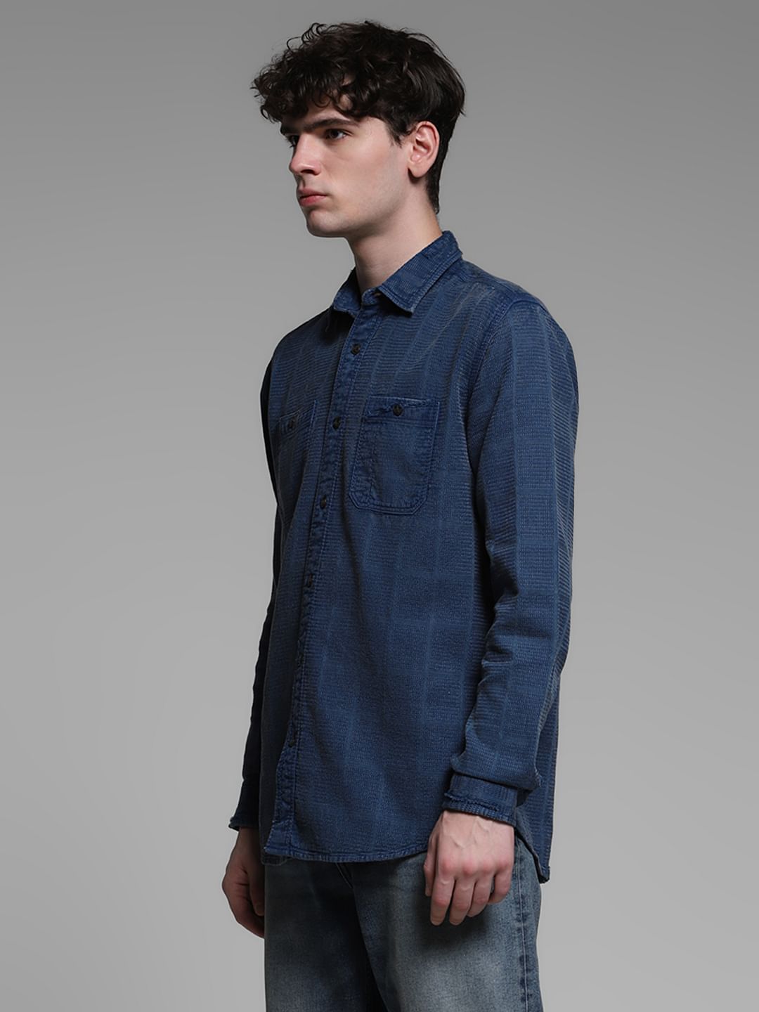 Dark Blue Dobby Check Cotton Shirt