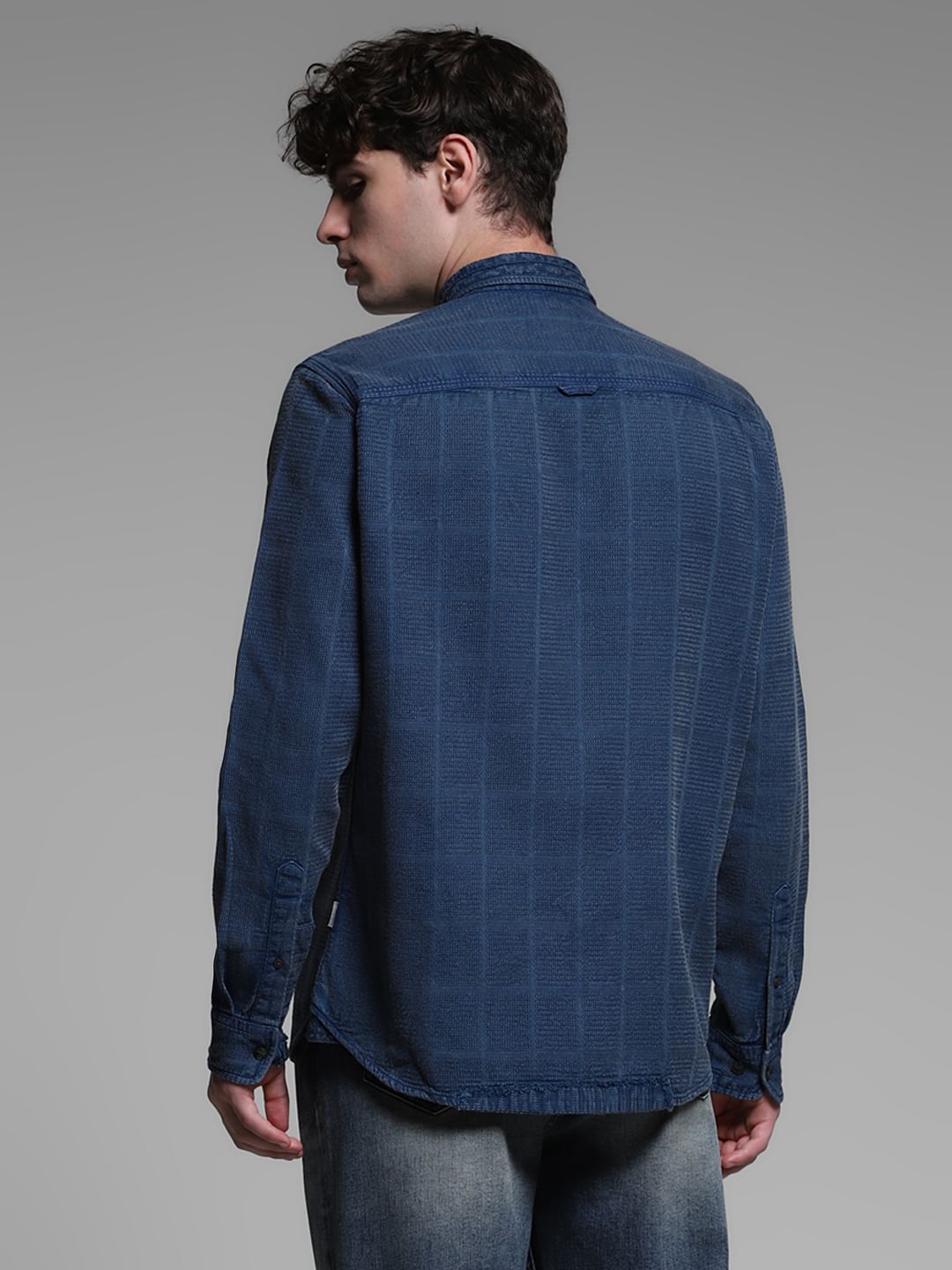 Dark Blue Dobby Check Cotton Shirt