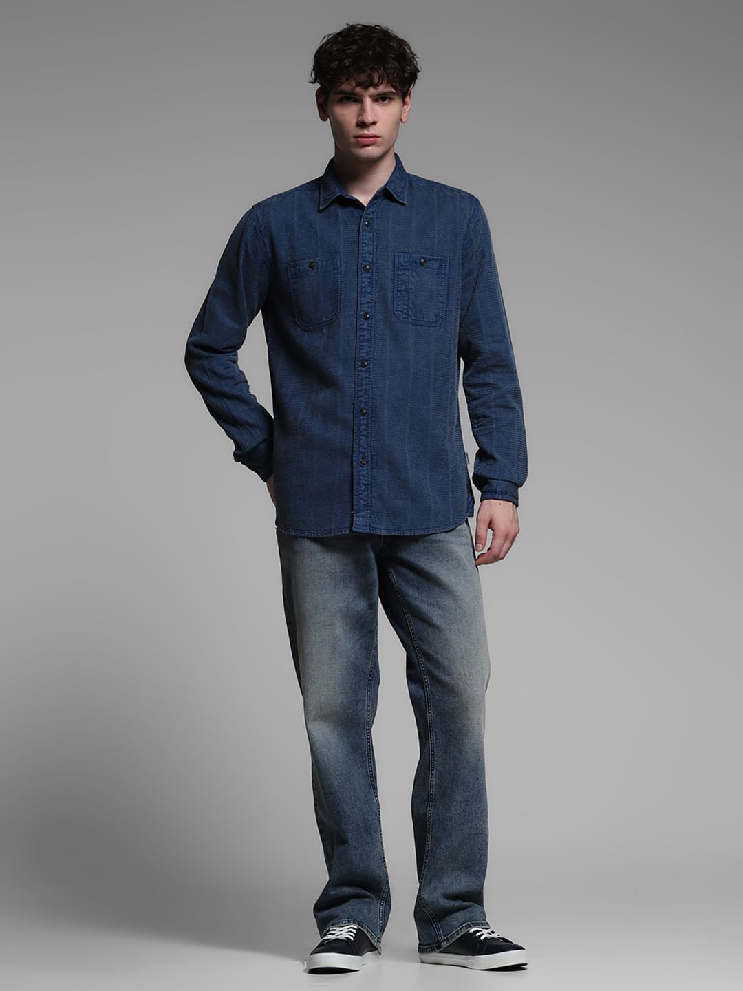 Dark Blue Dobby Check Cotton Shirt