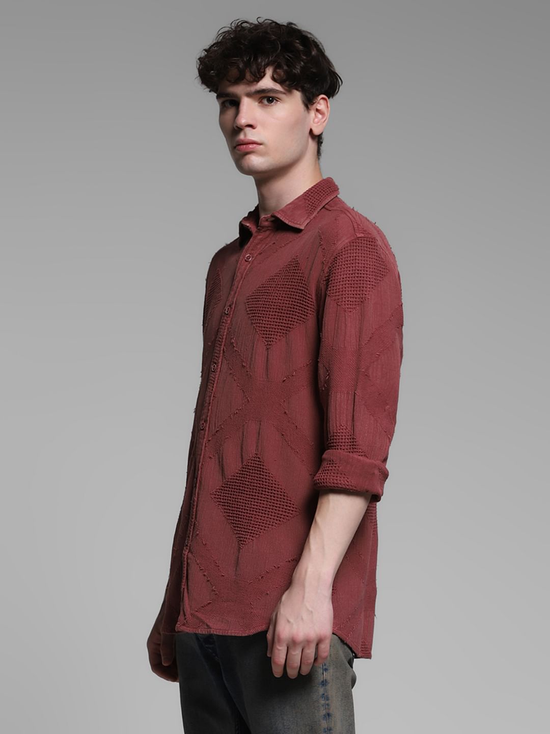 Brick Red Jacquard Cotton Shirt