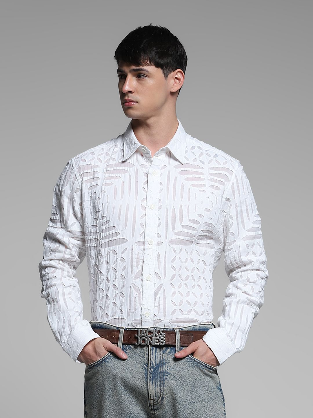 White Abstract Print Cotton Shirt