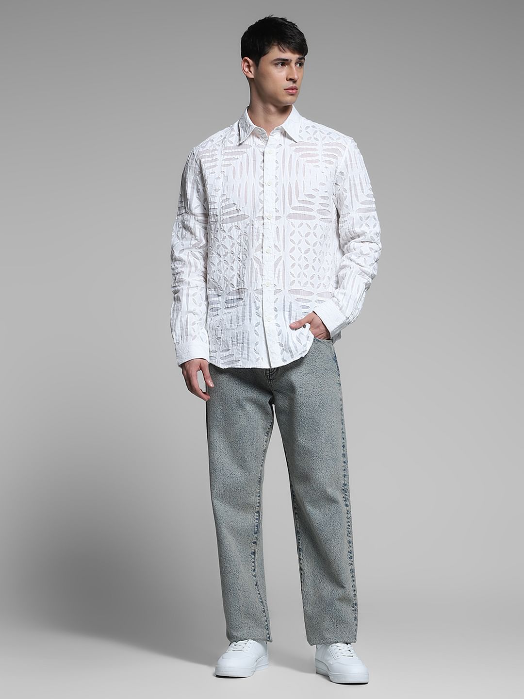 White Abstract Print Cotton Shirt