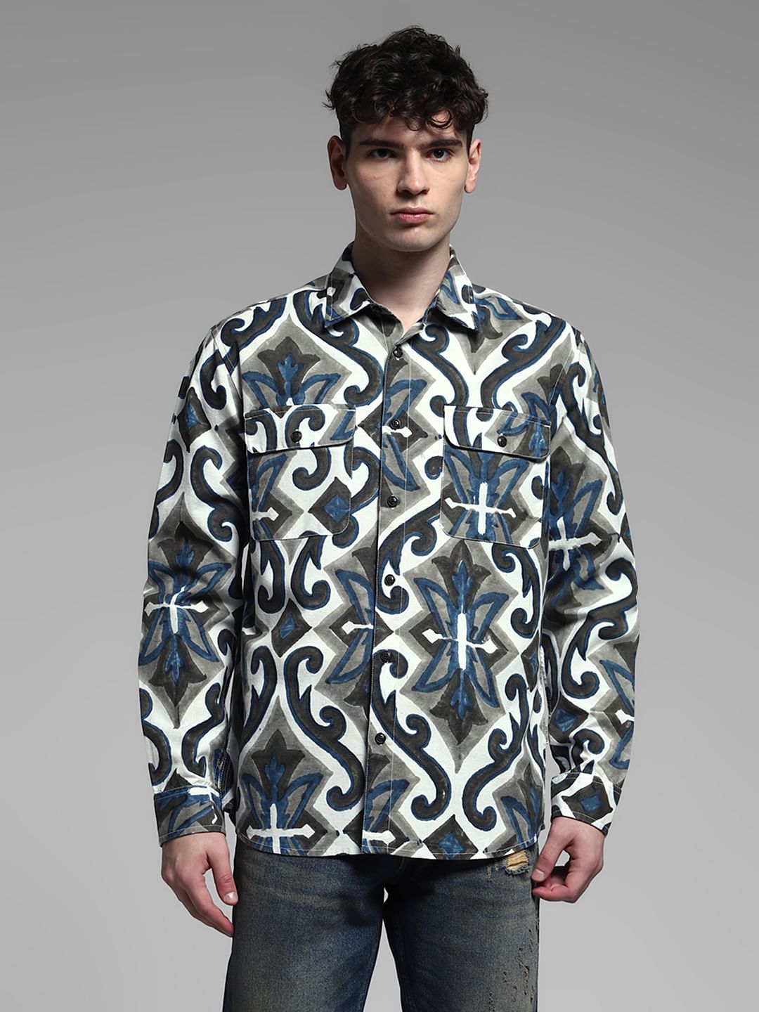 White Abstract Print Shirt