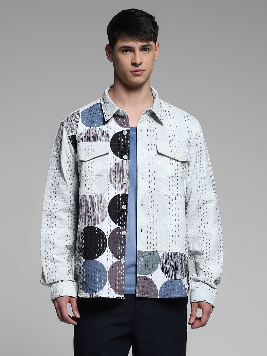 White Abstract Print Cotton Shirt