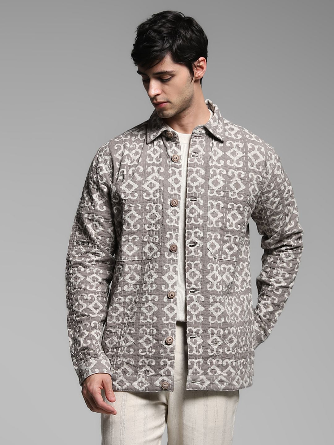 Beige Abstract Artisan Print Jacket