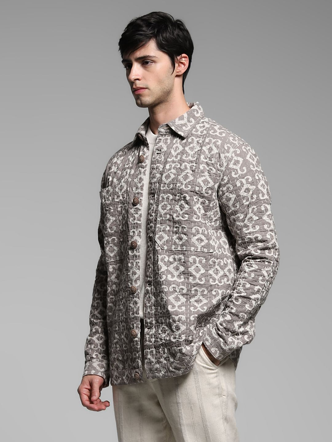 Beige Abstract Artisan Print Jacket