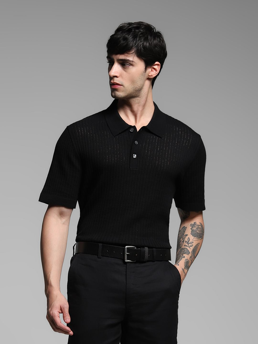 Black Structured Knitted Polo