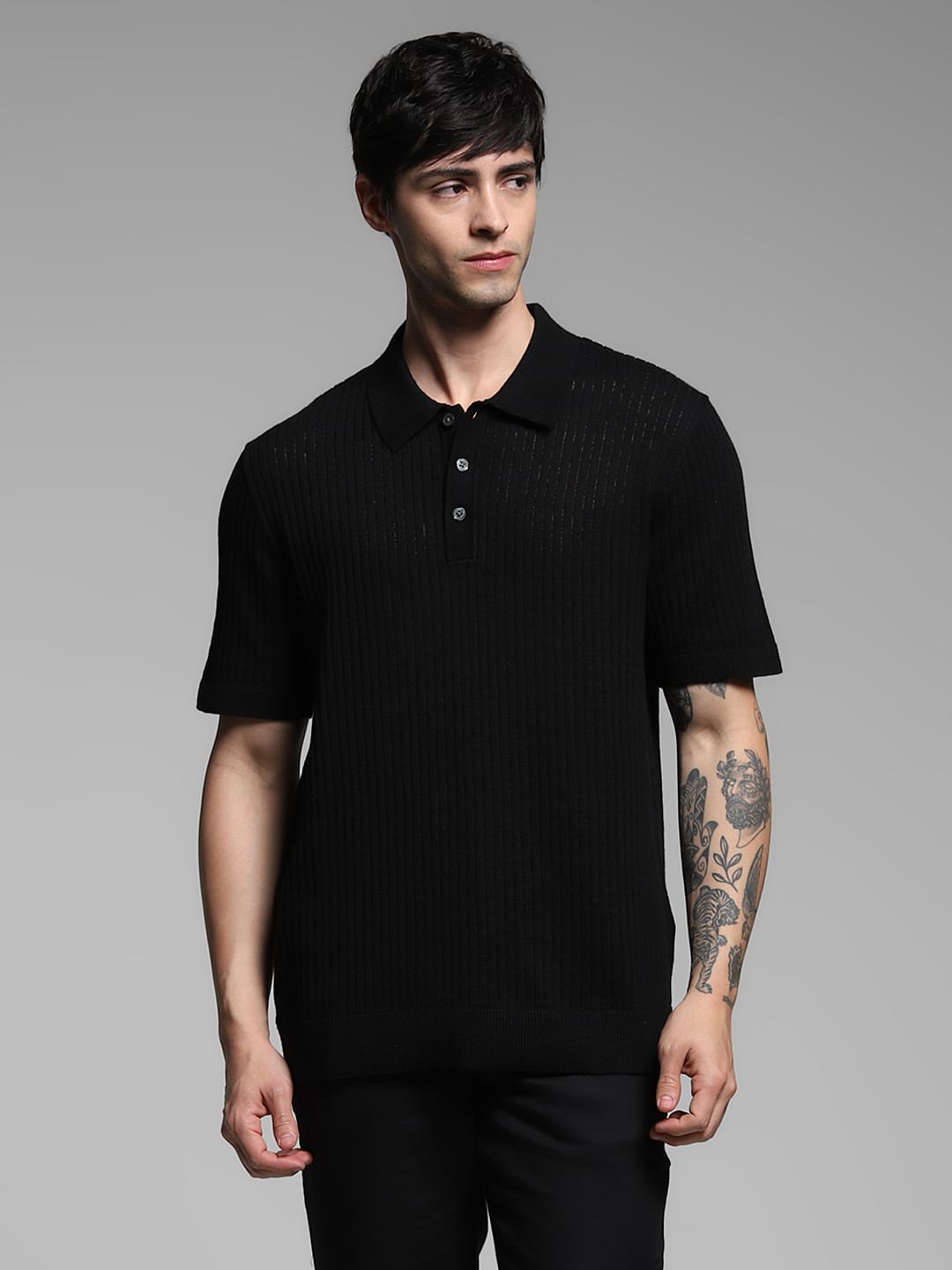 Black Structured Knitted Polo