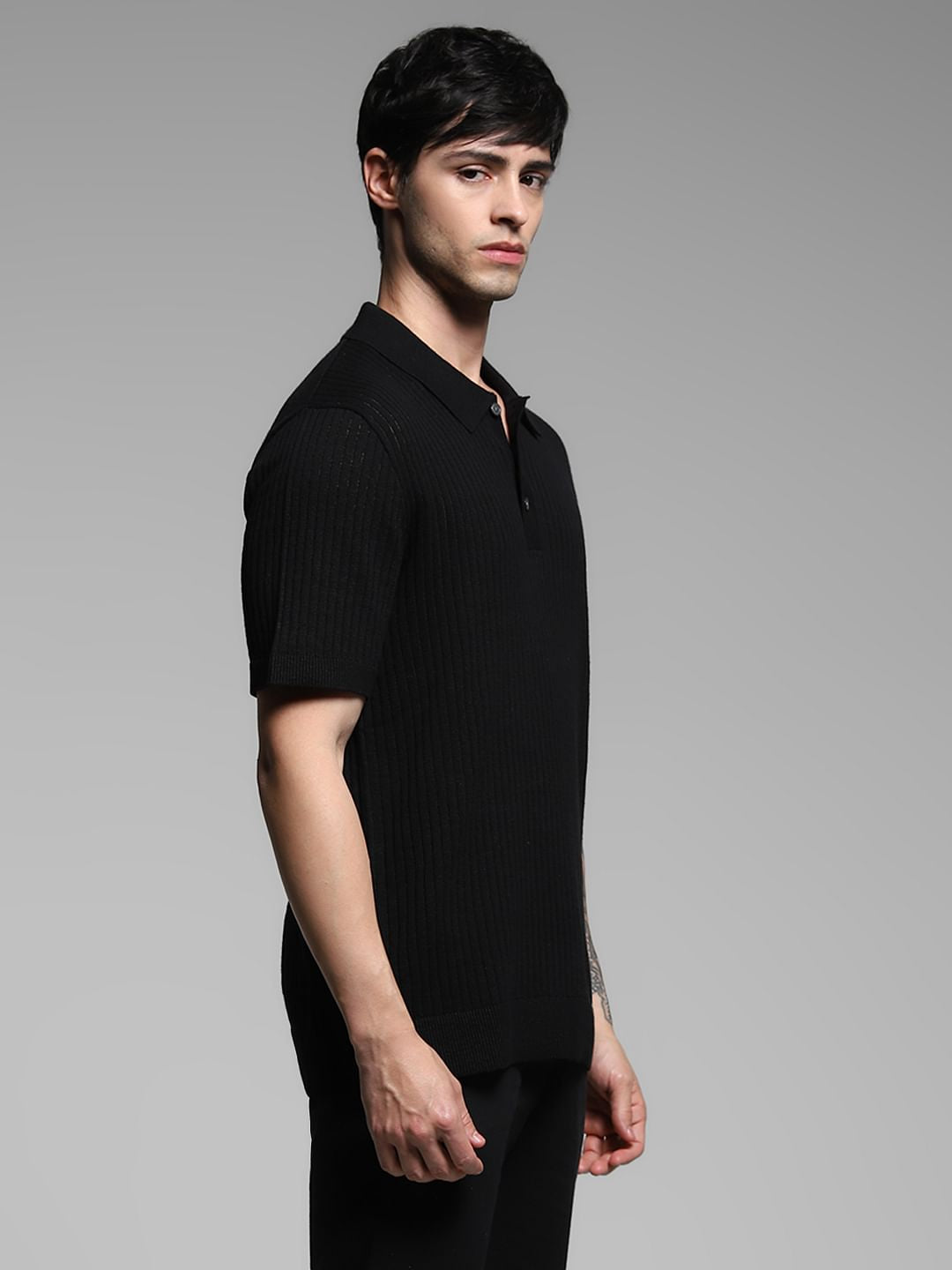 Black Structured Knitted Polo