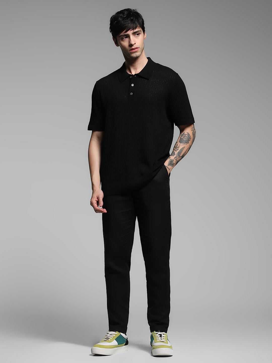 Black Structured Knitted Polo
