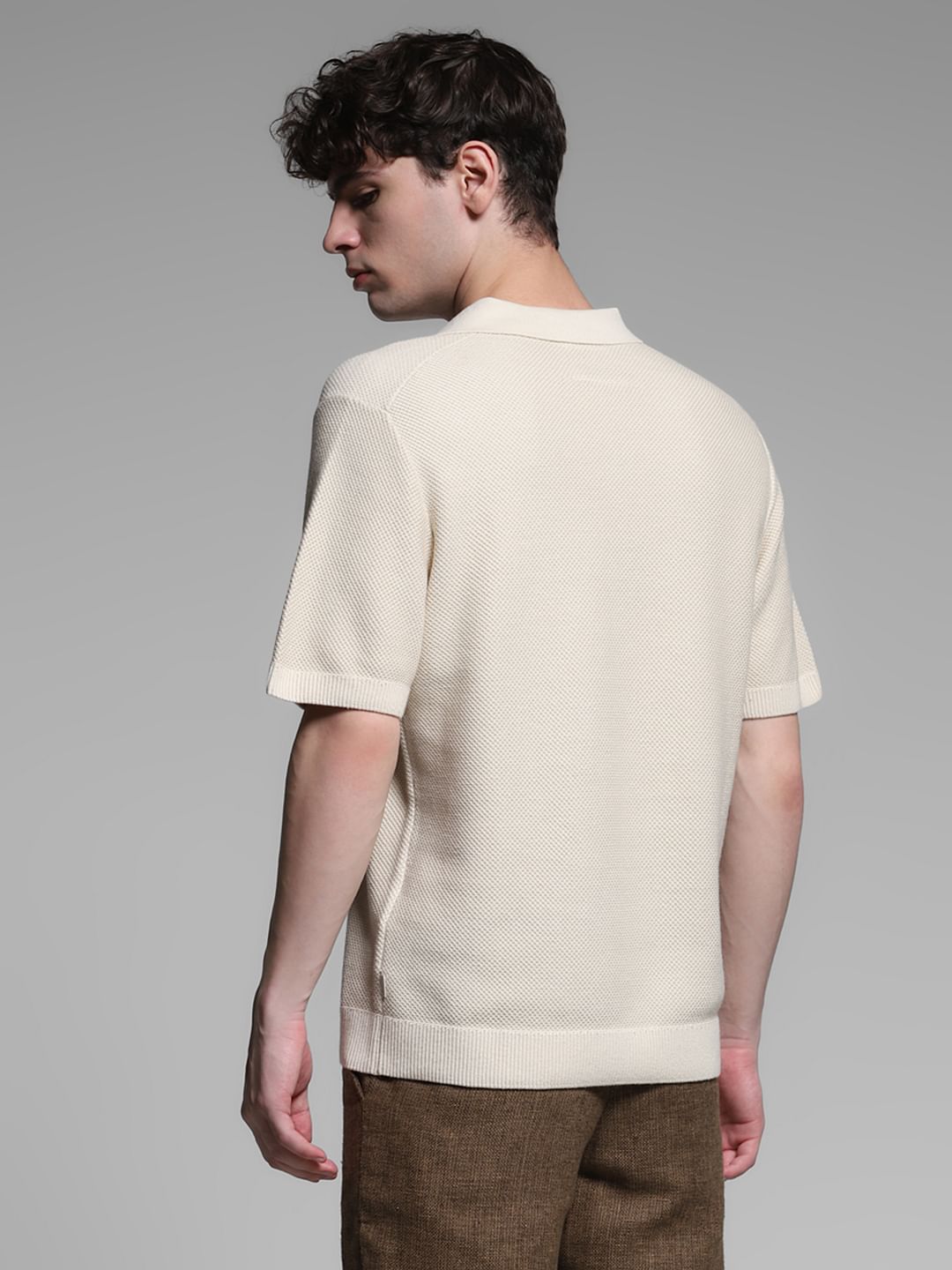 Beige Split Neck Cotton Polo
