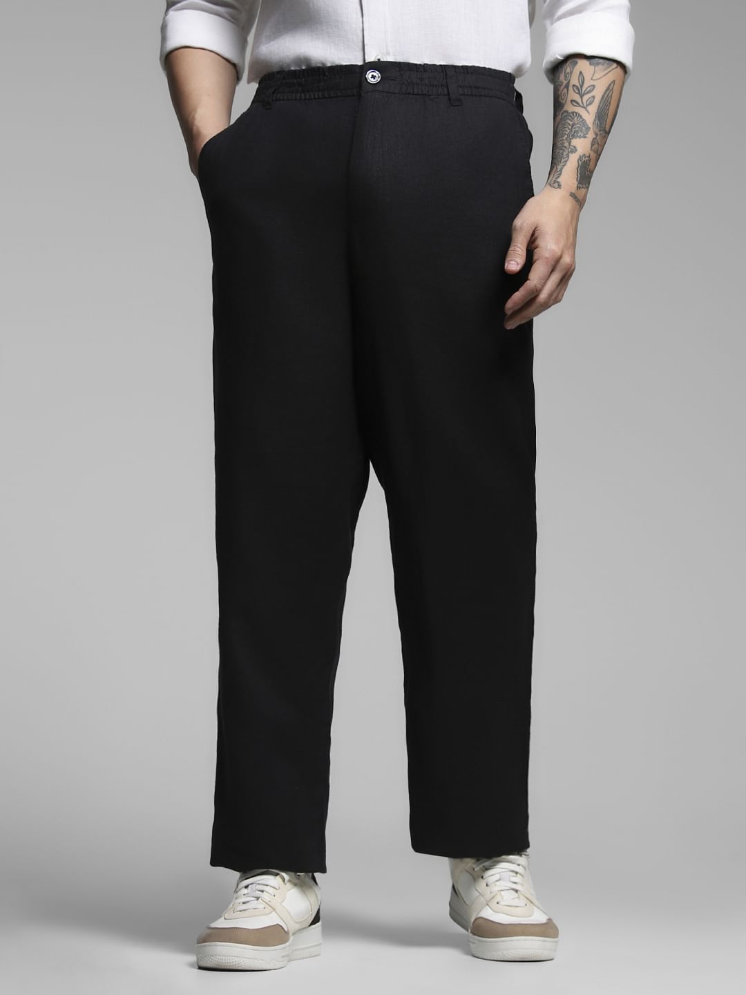 Black Mid Rise Linen Chinos