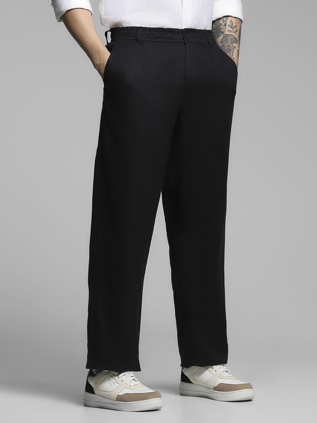 Black Mid Rise Linen Chinos