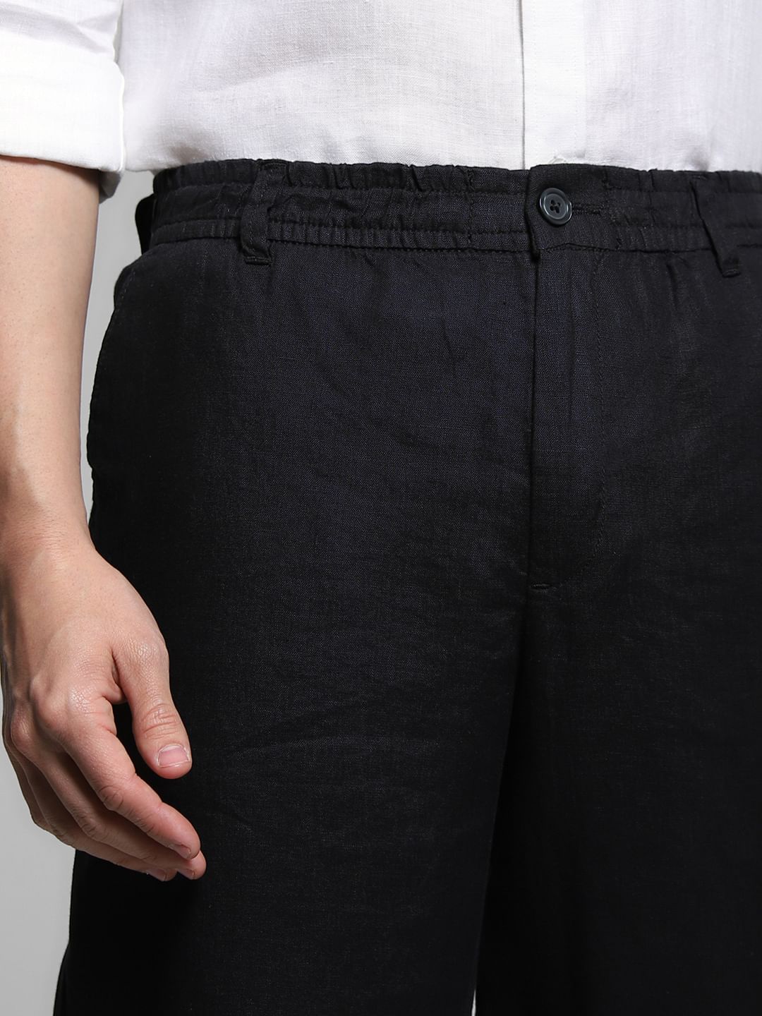 Black Mid Rise Linen Chinos