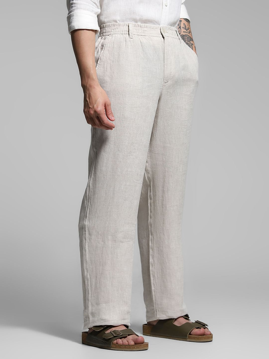 Light Grey Mid Rise Linen Chinos