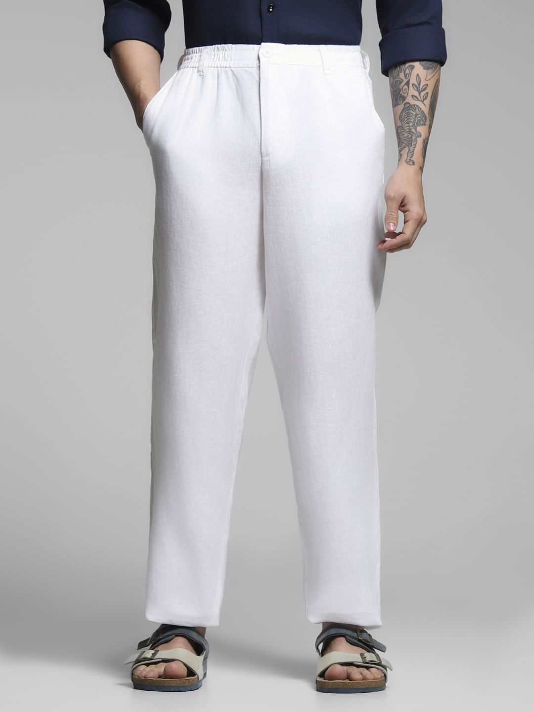 White Mid Rise Linen Chinos