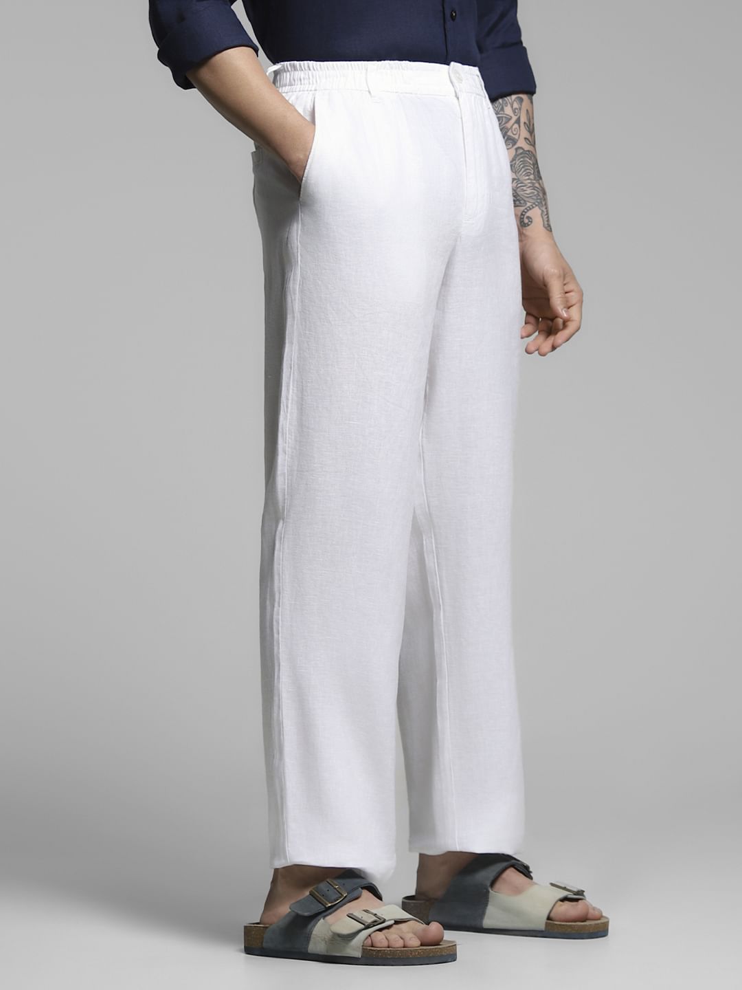 White Mid Rise Linen Chinos
