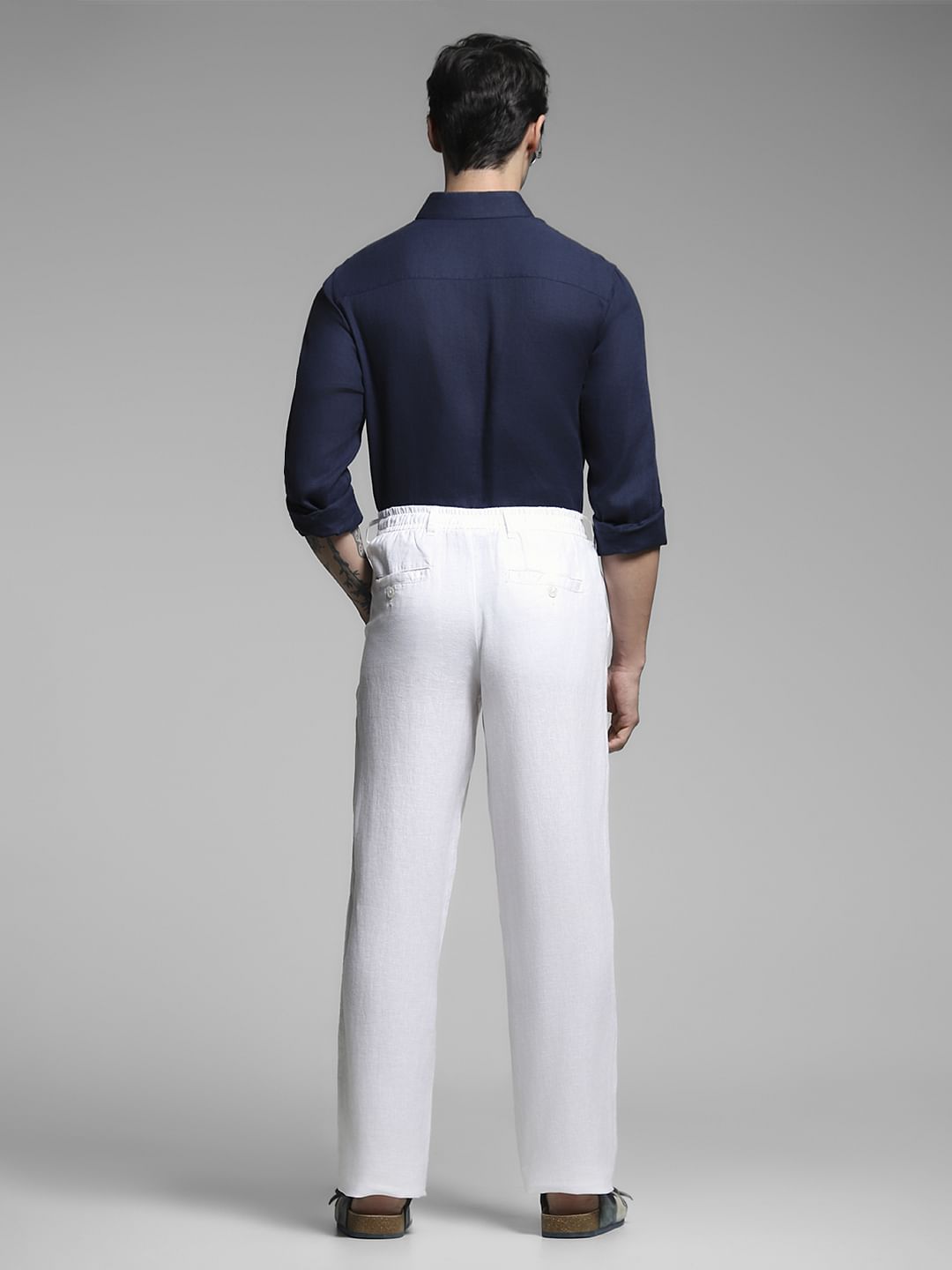 White Mid Rise Linen Chinos