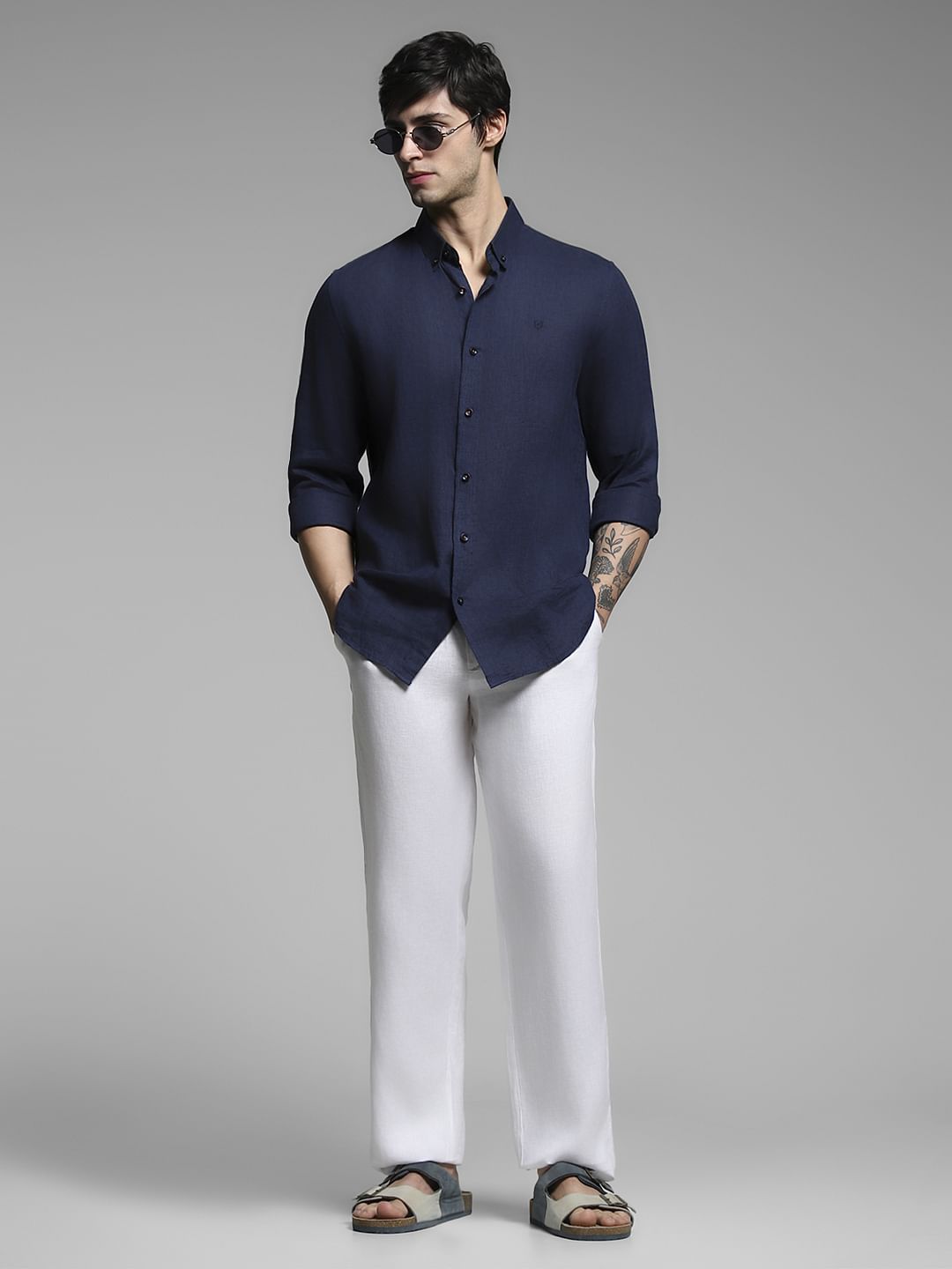 White Mid Rise Linen Chinos