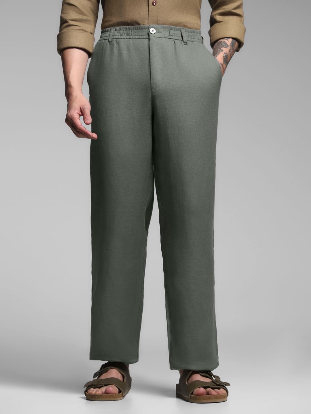 Green Mid Rise Linen Chinos