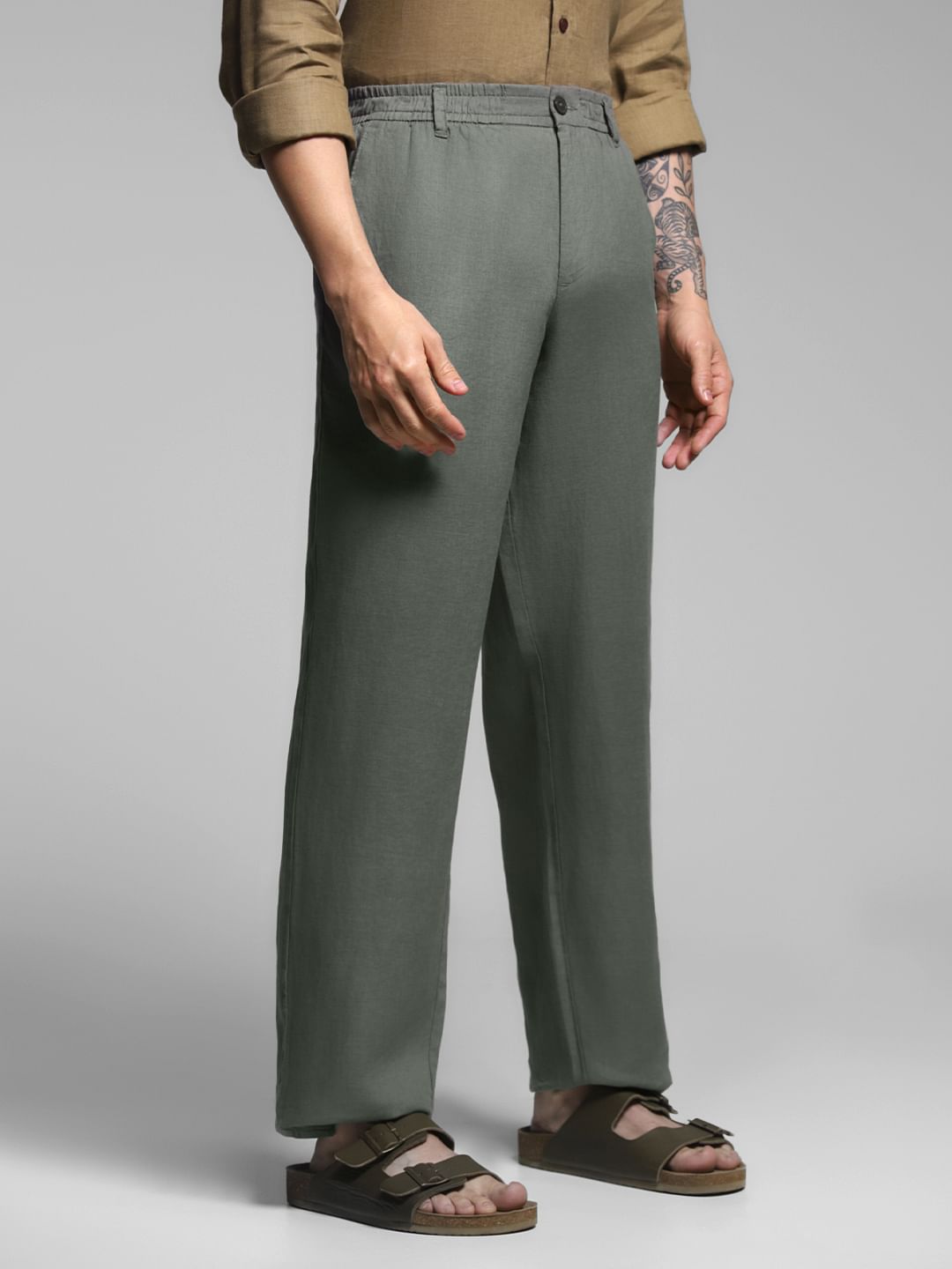 Green Mid Rise Linen Chinos