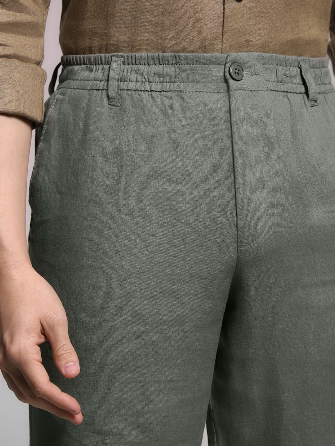 Green Mid Rise Linen Chinos