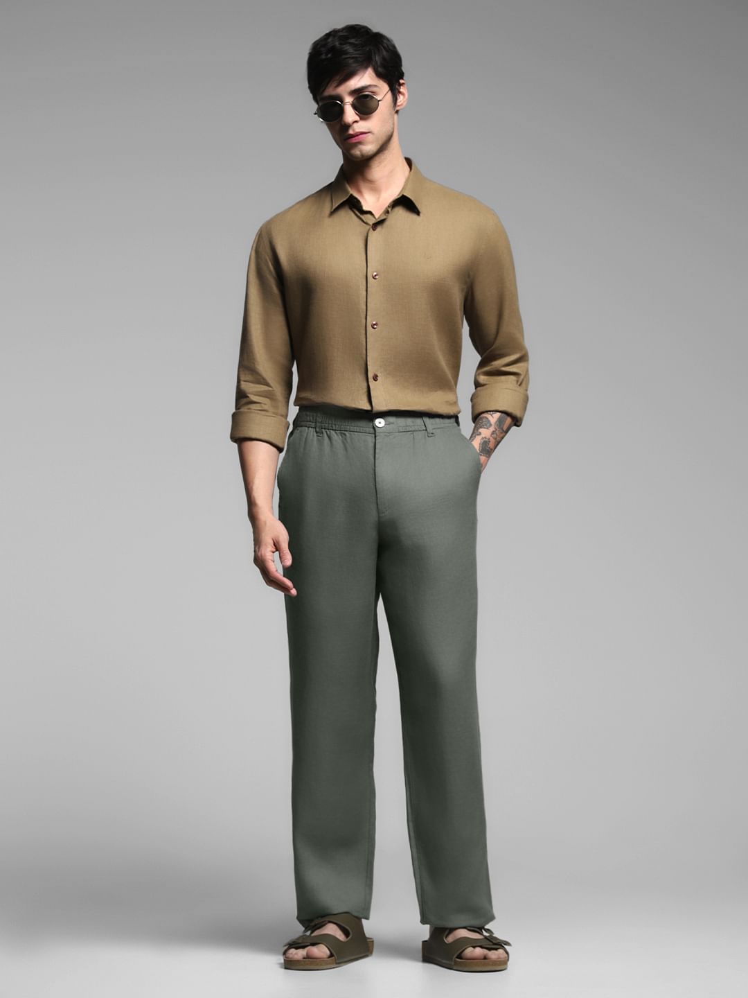 Green Mid Rise Linen Chinos