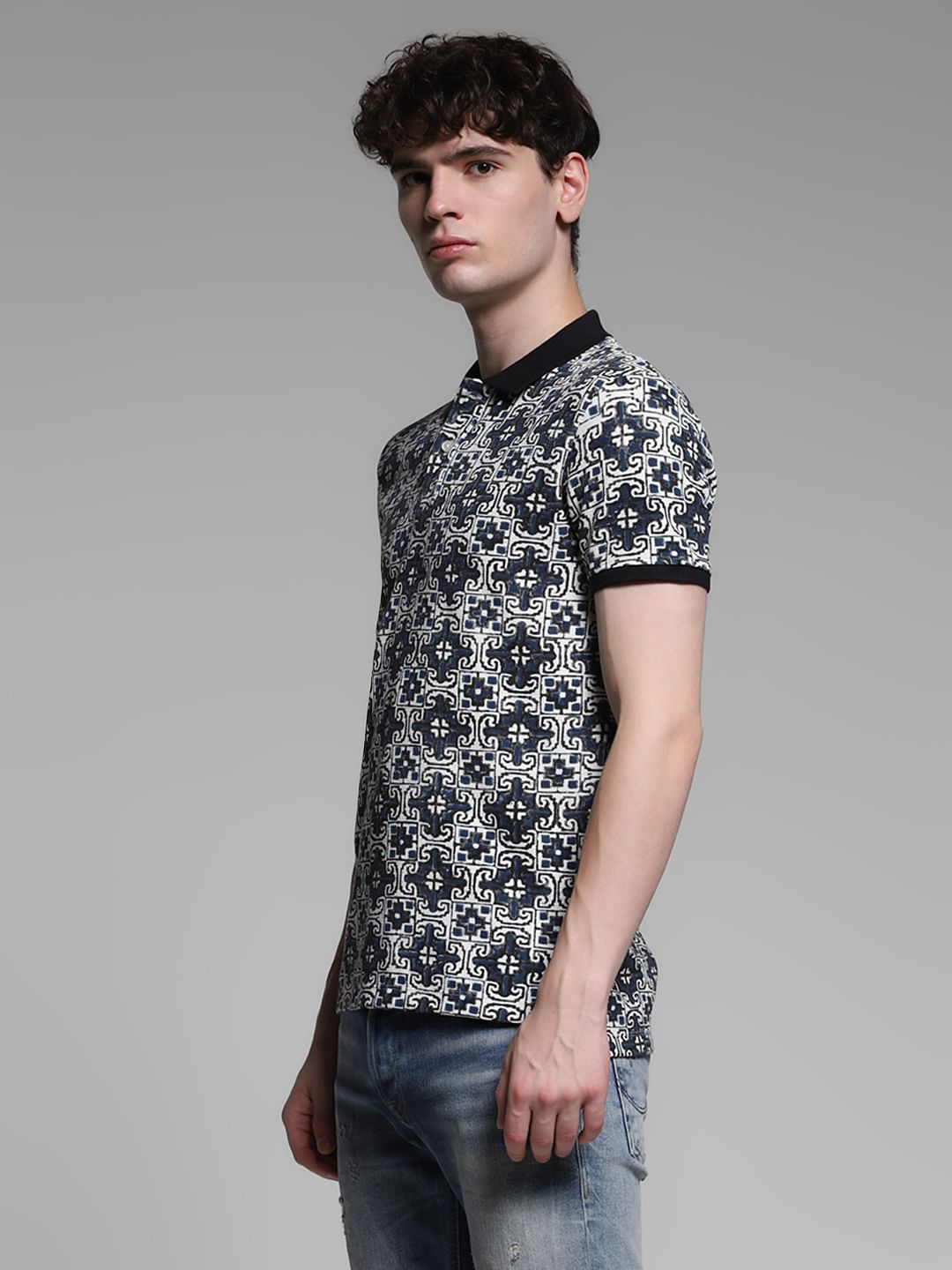 Blue Embroidered Abstract Print Polo