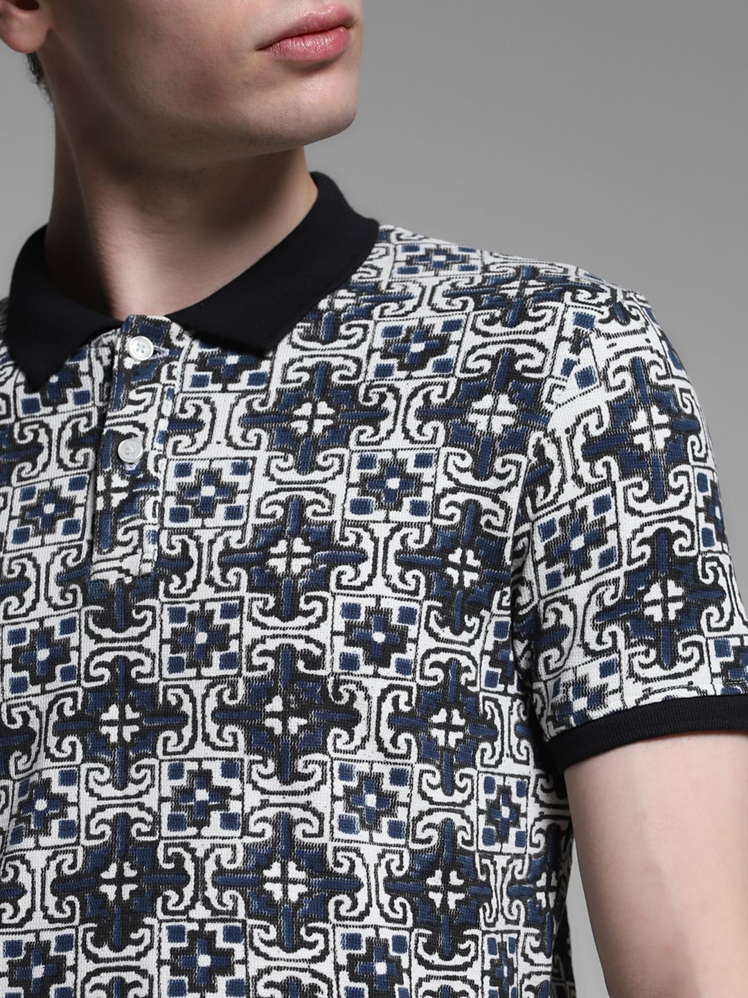 Blue Embroidered Abstract Print Polo