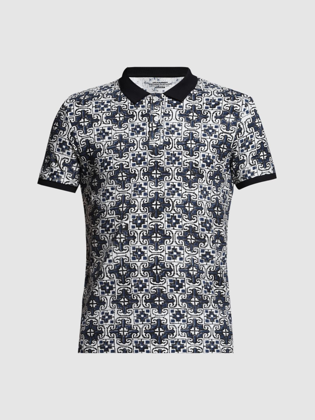 Blue Embroidered Abstract Print Polo