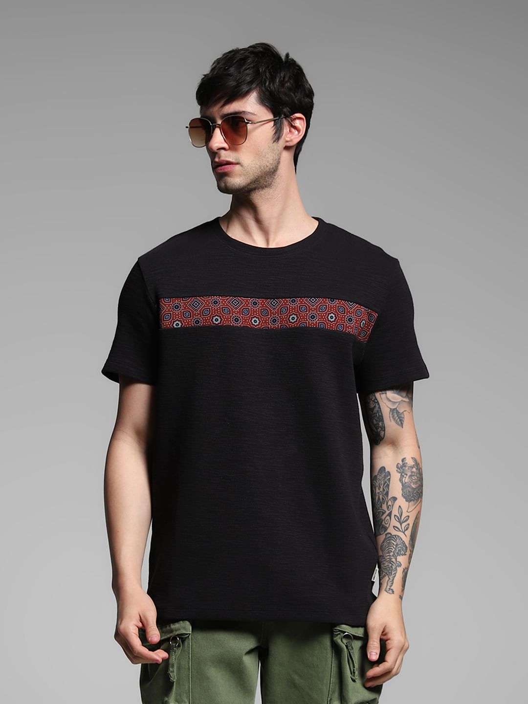 Black Printed Patch Cotton T-shirt