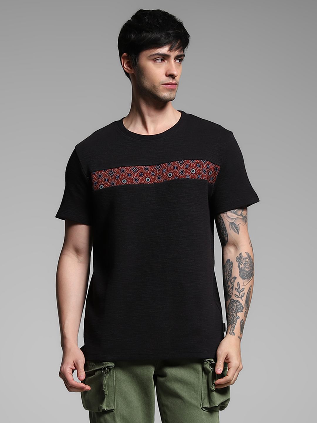Black Printed Patch Cotton T-shirt